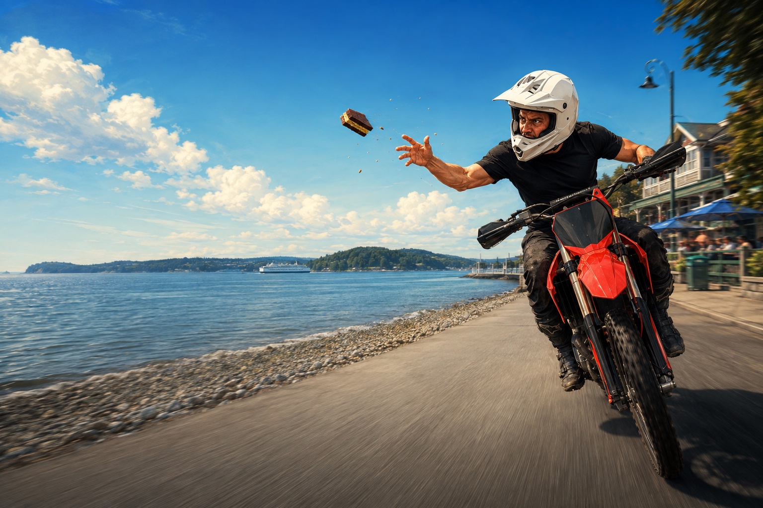 Illustrated game hero in a white helmet racing a red dirtbike through Departure Bay