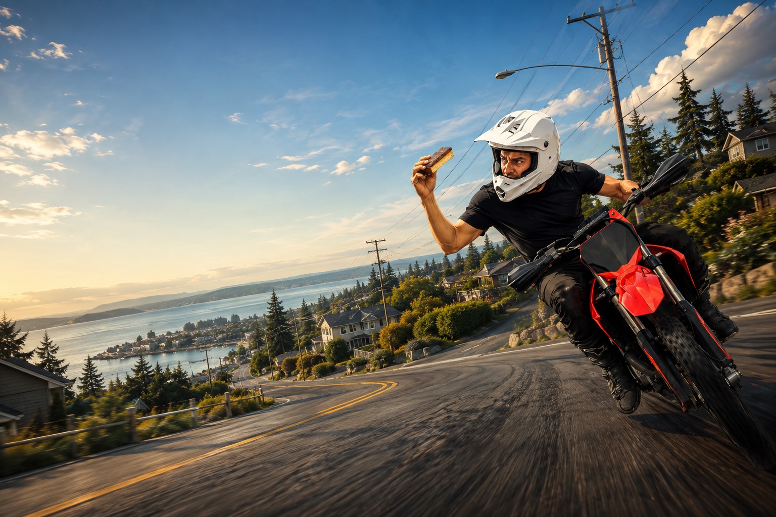 Illustrated game hero in a white helmet racing a red dirtbike through Departure Bay