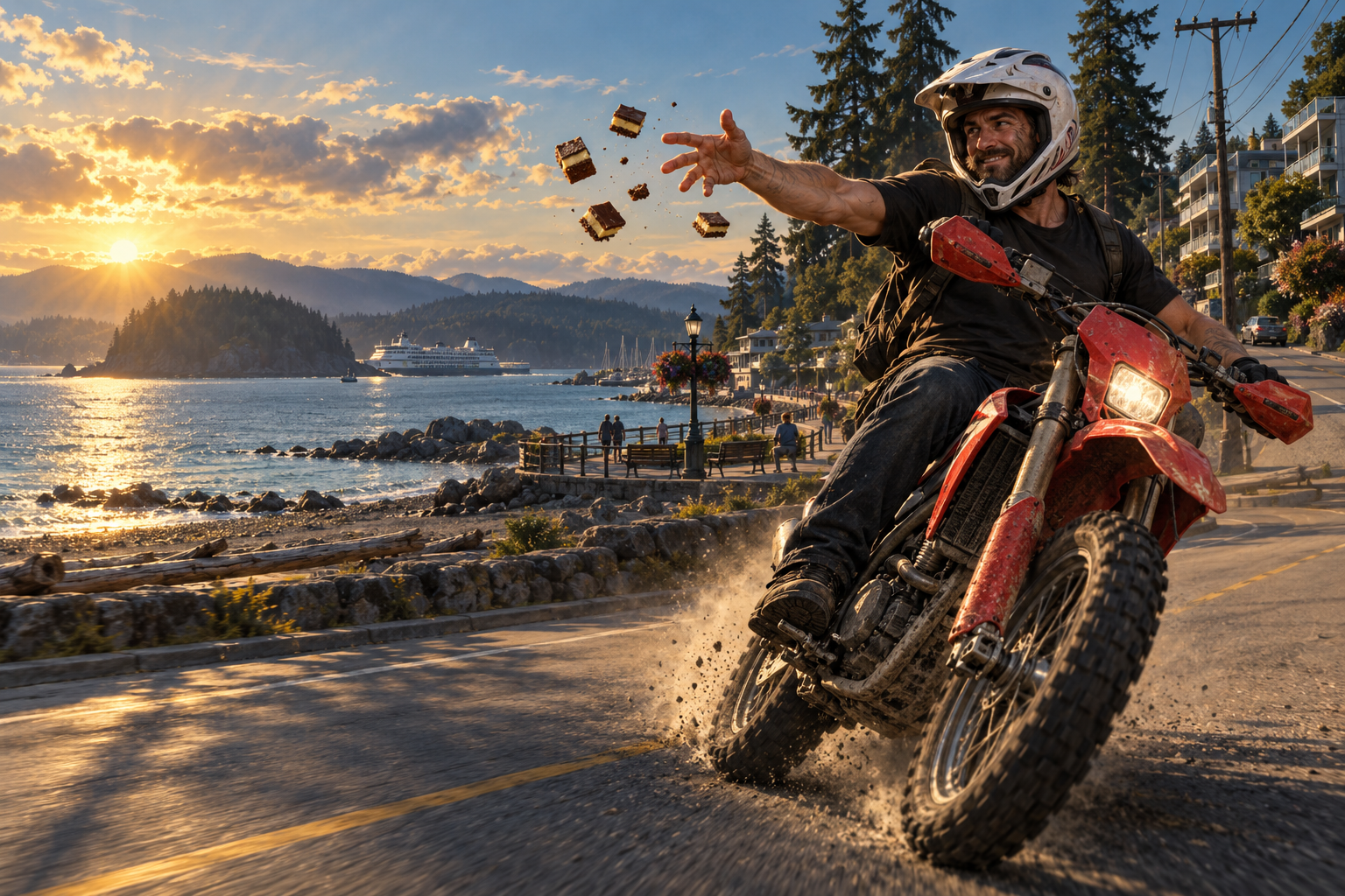 Game hero throwing Nanaimo bars from a red dirtbike beside the bay at sunset